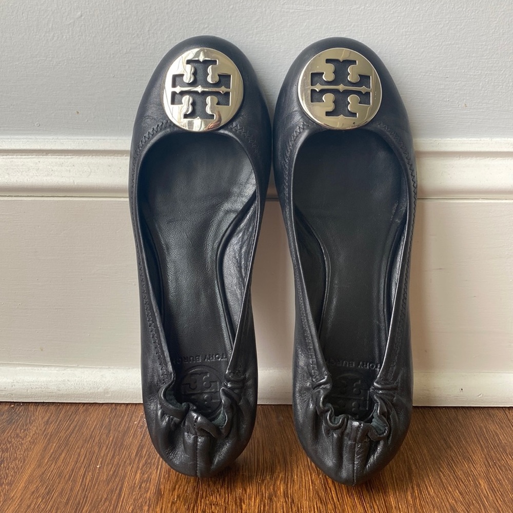 Tory Burch Black Leather Minnie Ballet Flat with Silver Hardware
